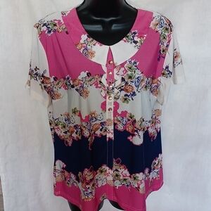 Vintage 80s Collared Blouse Pink/blue/white, cap sleeve,  stretchy,  M